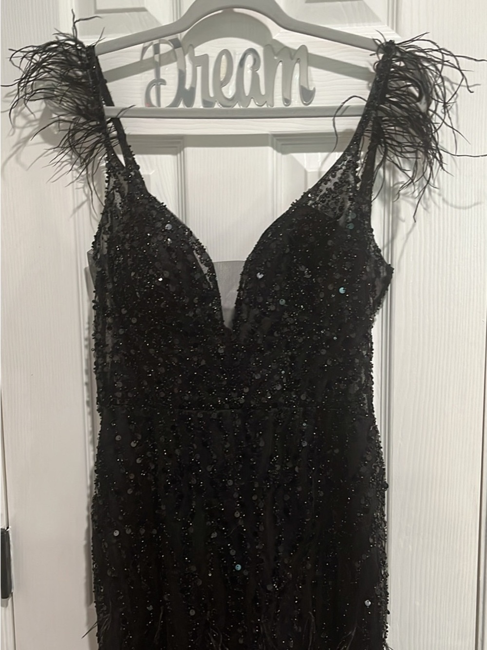 Black Feather-Trim Sequin Mini Dress